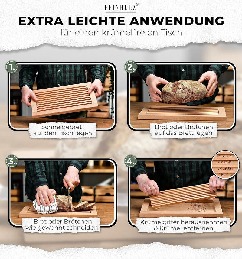 FEINHOLZ Brotschneidebrett mit Krümelrost aus Holz • 40cm x 25cm • Buchenholz geölt • Schneidebrett