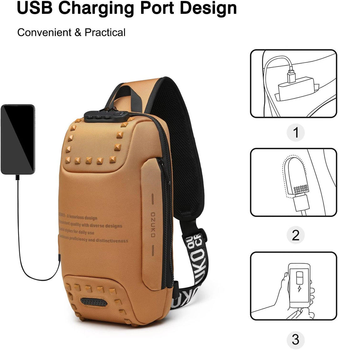 FANDARE Brusttasche Sling Bag Sling Rucksack Schultertasche mit USB-Ladeanschluss Passwortschutz Cro