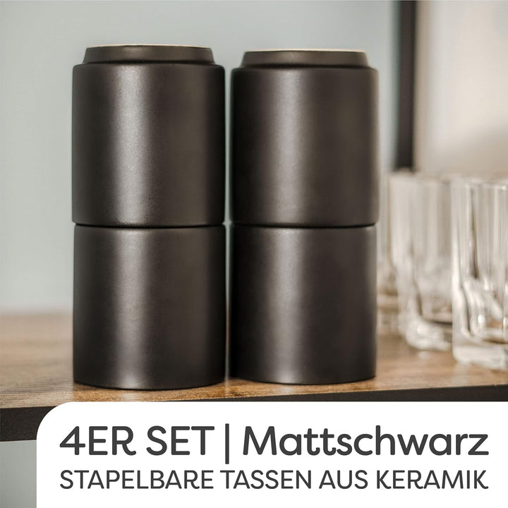 Cosumy Cappuccino Tassen 4er Set Schwarz aus Keramik - Stapelbares Design - Entworfen für Latte Art