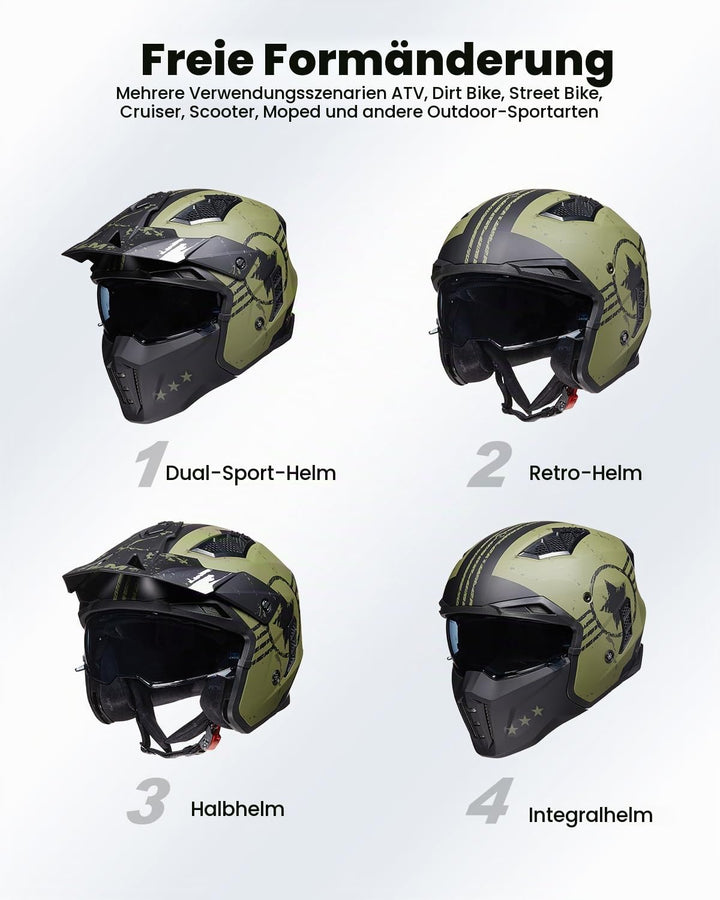 ILM Helm Motorrad Motocross Herren Damen Vintage Retro mit Visier ECE Model Z302,Armee Grün, M M Arm