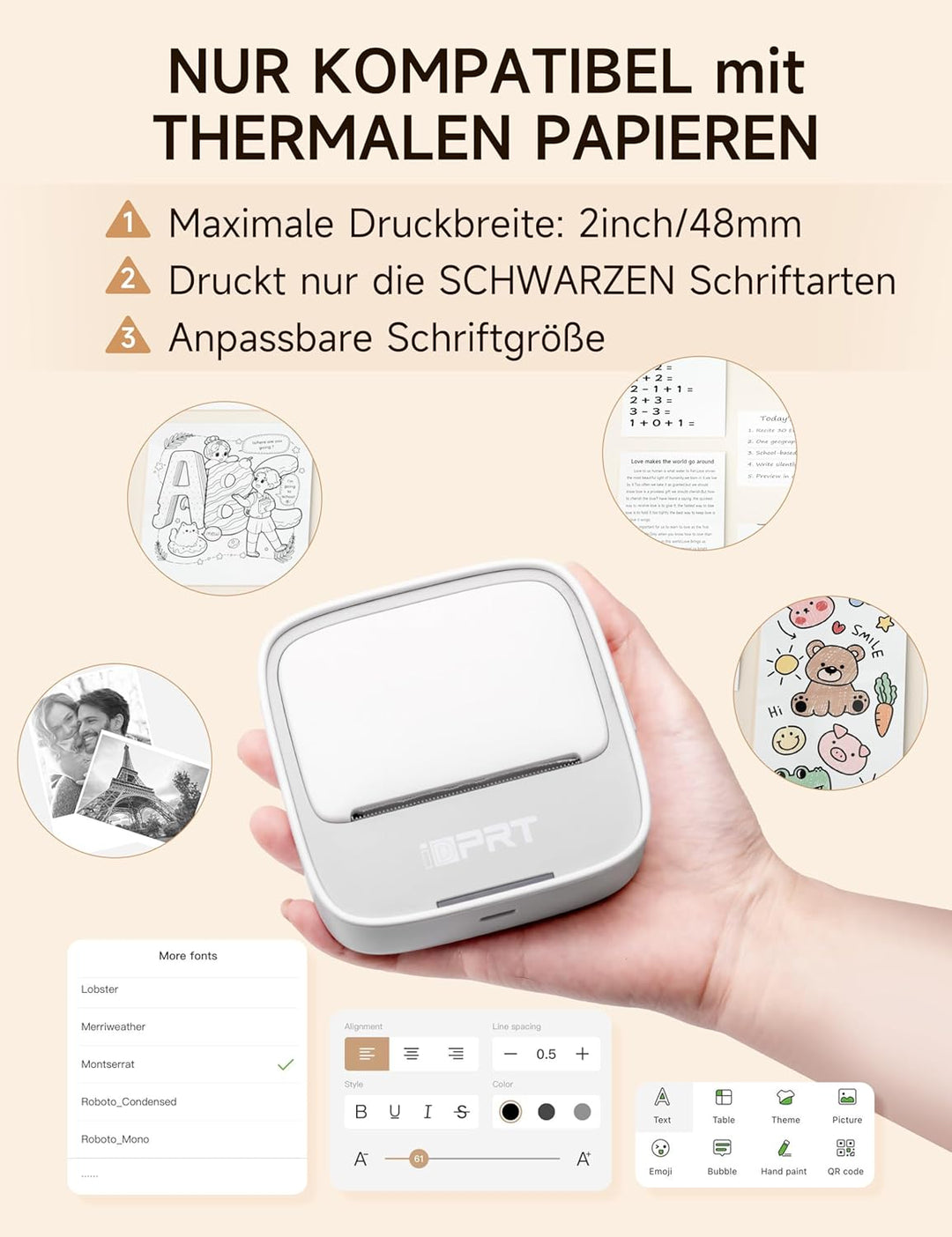 iDPRT Mini tragbarer Aufkleberdrucker, Thermodrucker für Studiennotizen, Bilder, DIY, Etiketten, mit