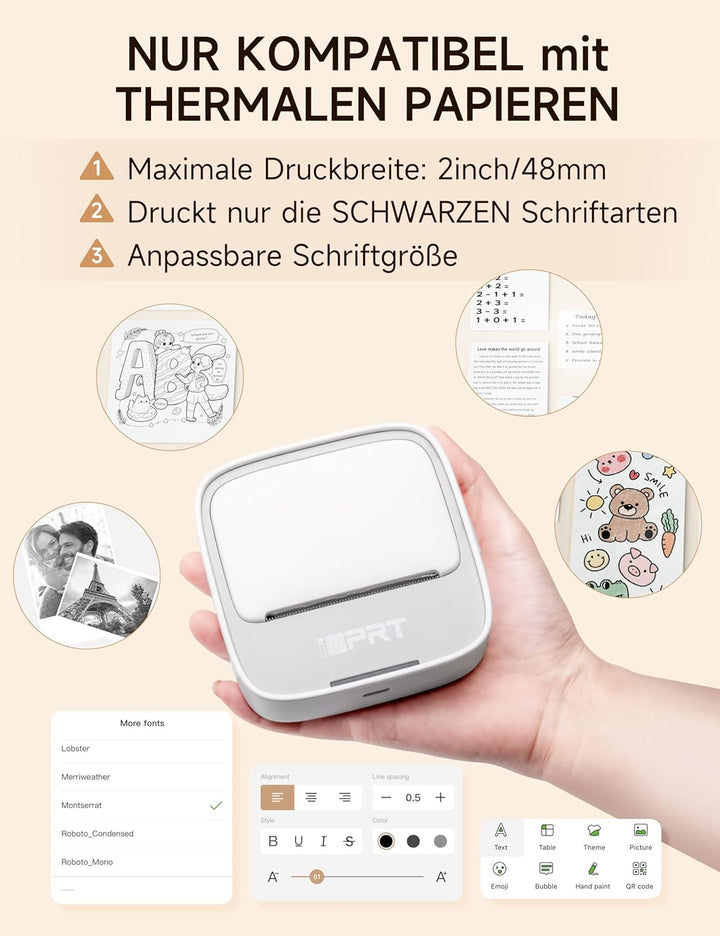 iDPRT Mini tragbarer Aufkleberdrucker, Thermodrucker für Studiennotizen, Bilder, DIY, Etiketten, mit
