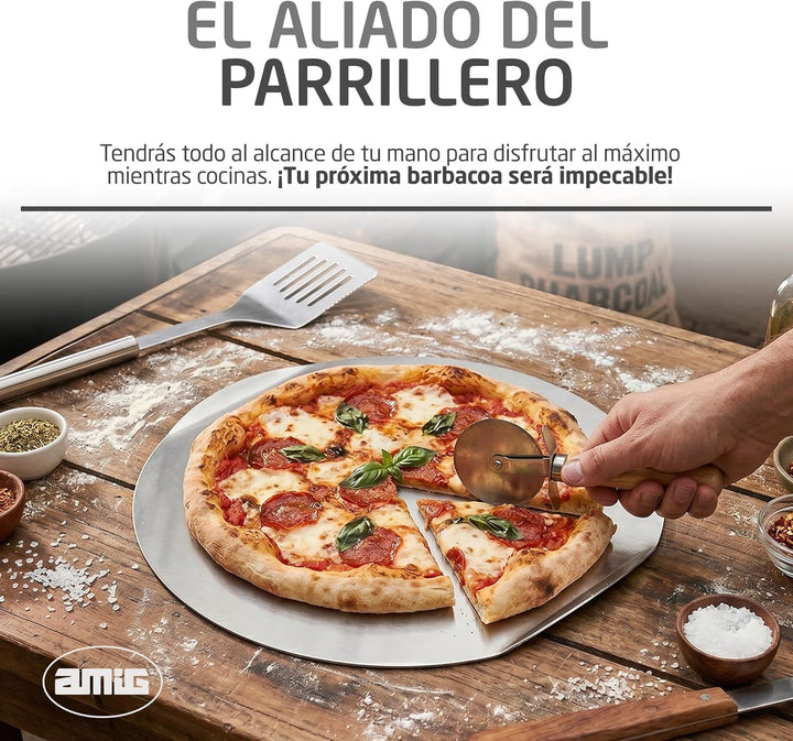Amig – Pizza‑Set für Grill – Cordieritstein und Aluminiumplatte – Durchmesser Stein 33 cm – Durchmes