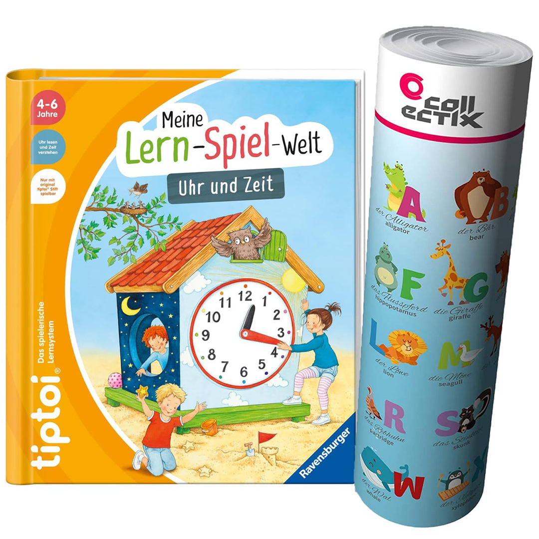 Ravensburger tiptoi Buch - Mein Lern-Spiel-Abenteuer | Uhr und Zeit + Kinder ABC Buchstaben Poster |