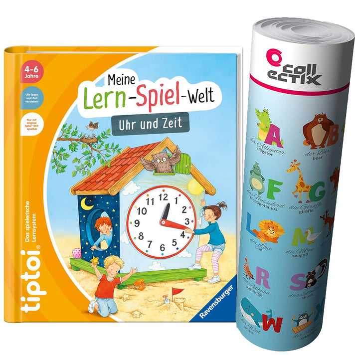Ravensburger tiptoi Buch - Mein Lern-Spiel-Abenteuer | Uhr und Zeit + Kinder ABC Buchstaben Poster |