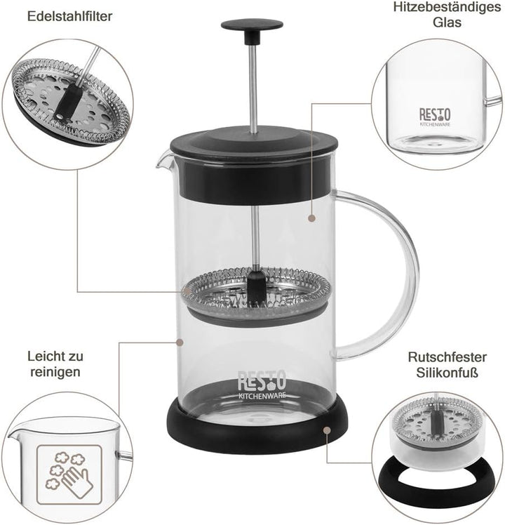 RESTO 90502 French Press System Tee/Kaffeebereiter aus hitzebeständigem Borsilikatglas mit Glasgriff