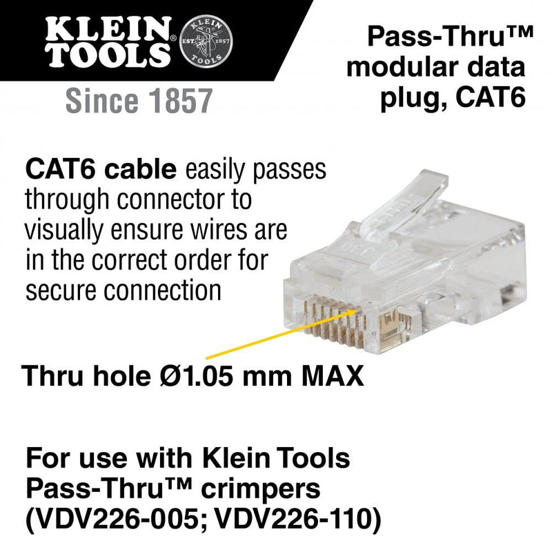 Klein Tools VDV826-703 Modularer Daten-Stecker, RJ45, CAT6, Durchgangsverbinder, 50 Stück, Farblos,