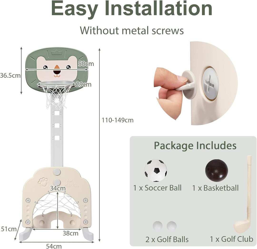 HOMASIS 3 in 1 Kinder Basketballkorb Set, multifunktionaler Basketballständer mit Fussballtor & Golf