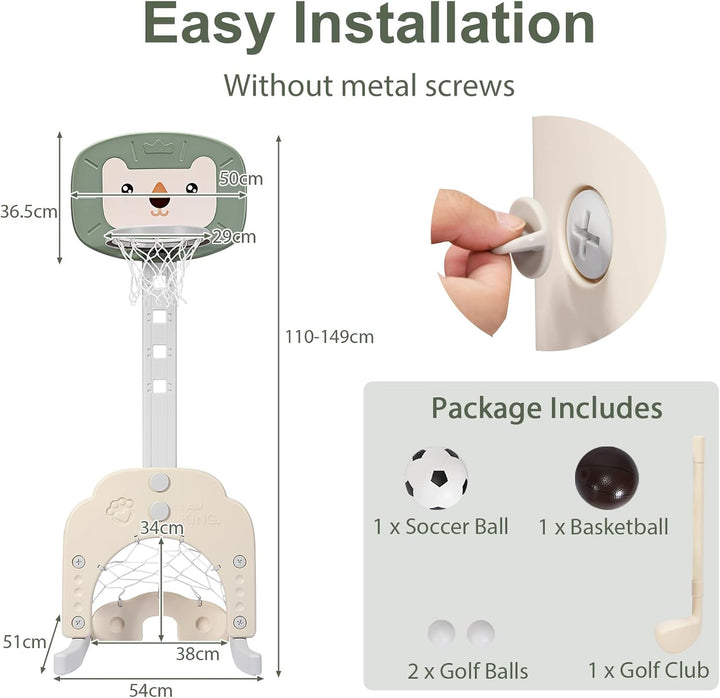 HOMASIS 3 in 1 Kinder Basketballkorb Set, multifunktionaler Basketballständer mit Fussballtor & Golf