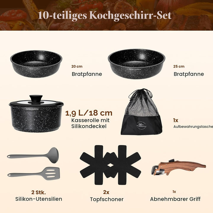 Kitchen Academy Pfannenset Abnehmbarer Griff - 10 Teilig Induktion Töpfe Set für alle Herdarten, Pfa