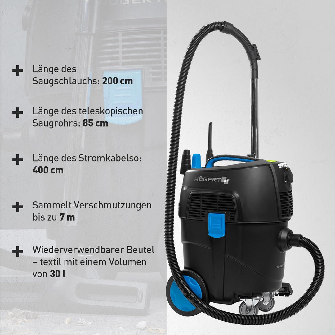 Högert Technik – Nass- und Trockensauger 30 L mit automatischer Filterreinigung, Funkfernbedienung,