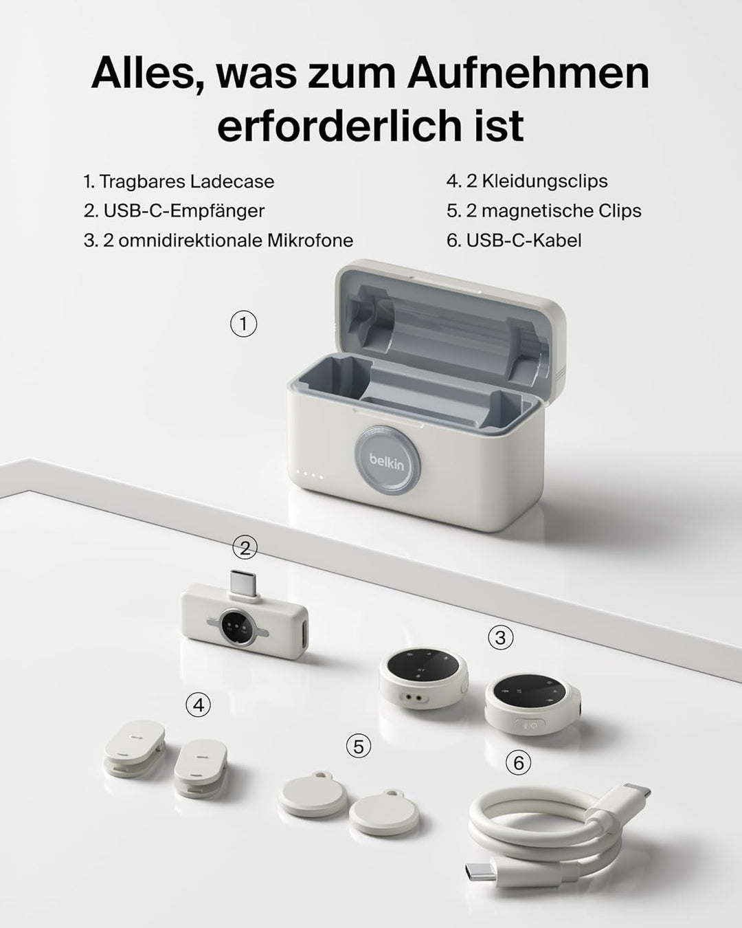 Belkin Stage Mini Mikrofon kabellos, 2er Set mit Clip für iPhone, Android, 24-Bit/48 kHz, 36 Std. Ak