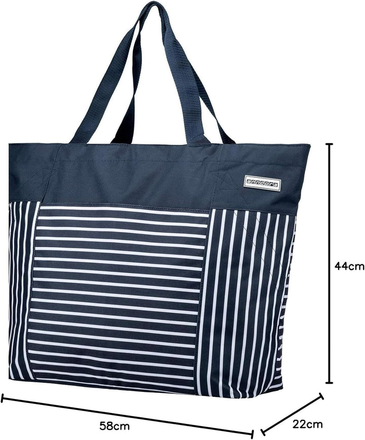 anndora XXL Shopper navy blau weiss - Strandtasche 40 Liter Schultertasche Einkaufstasche, Navy Blau