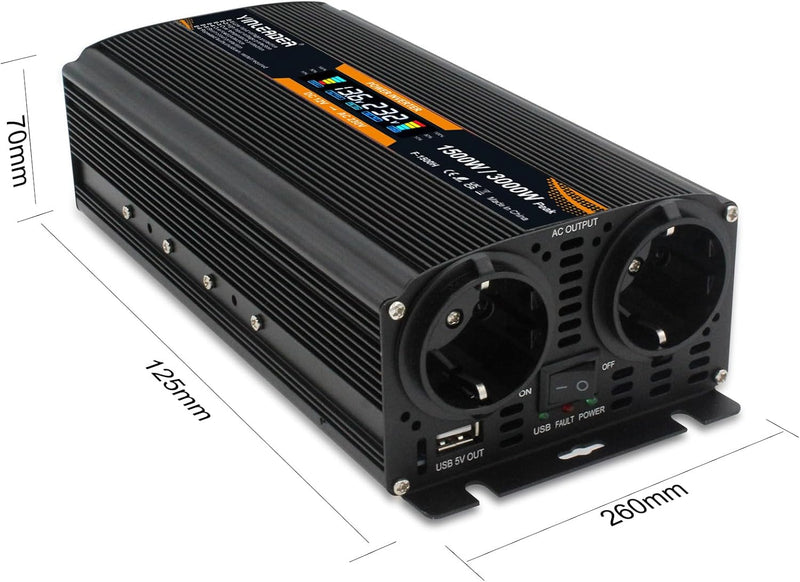 Spannungswandler 12V 230V 1500W 3000 Watt Wechselrichter LCD | stromumwandler mit 2 Steckdose