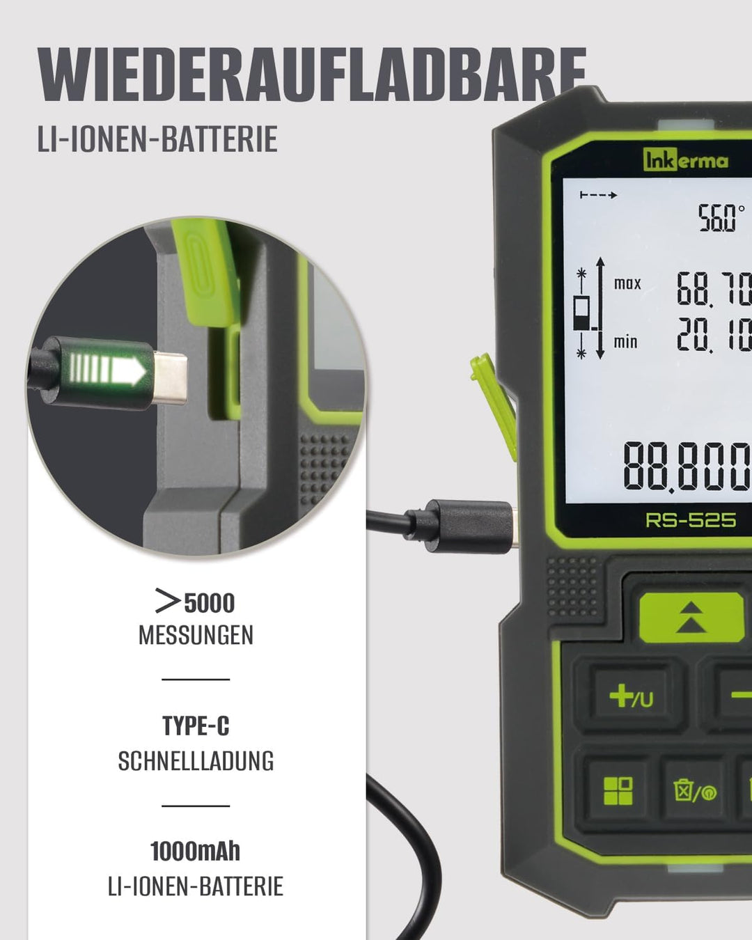 Bilaterales Laser Entfernungsmesser, 525Ft/160M Dual-Laser-Messwerkzeug, Wiederaufladbares Laser-Mes