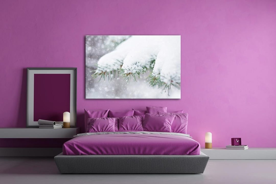 deyoli Schneebedeckte Kiefernzweige Format: 80x60 als Leinwandbild, Motiv fertig gerahmt auf Echthol