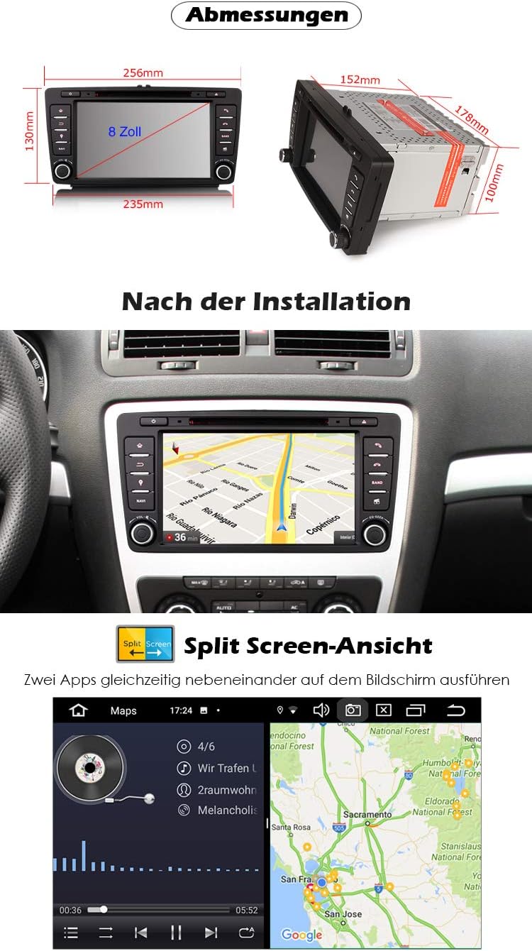 Erisin Android 10 8 Zoll 4GB RAM+64GB ROM 8-Kern Autoradio Mit GPS für Skoda Octavia Yeti Unterstütz