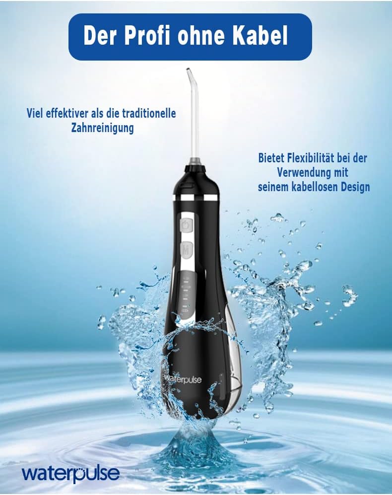 NPO Waterpulse Cordless Water Flosser, Battery Operated & Portable for Travel & Home, V500 (Black)