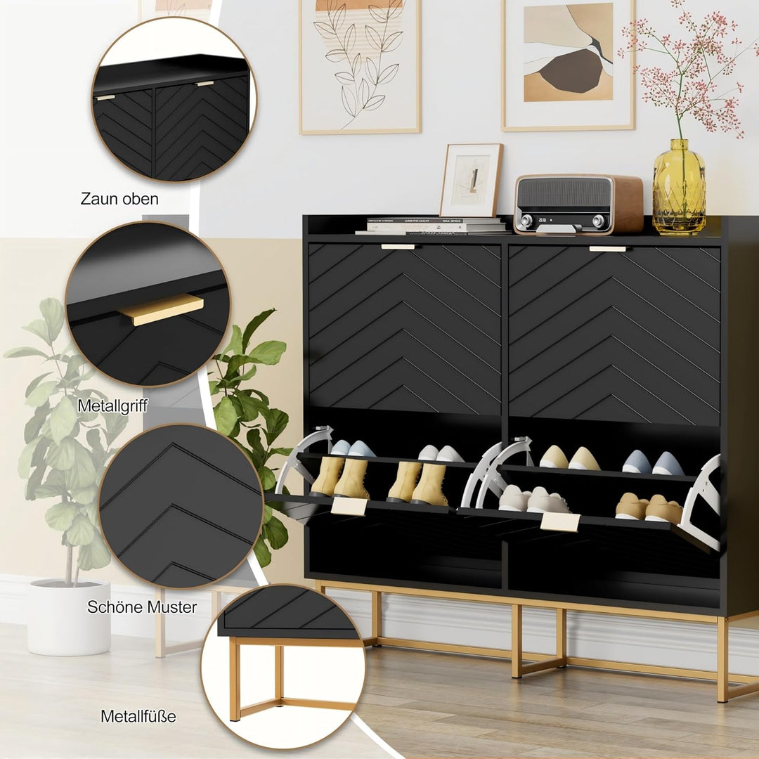 UEV Schuhschrank mit 4 Klappen Schmal,Freistehendes Schuhregal mit Kippschutz, Schuhkommode mit vers