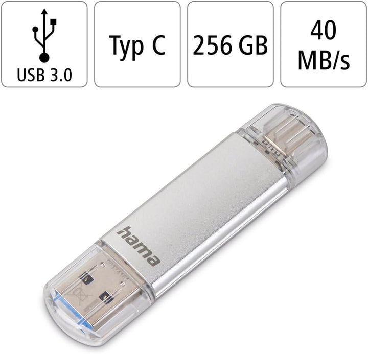 Hama 256GB USB-Speicherstick mit USB 3.2 Gen 1-Type-C (2-in-1 USB-Stick, z.B. für Android Handy, Tab