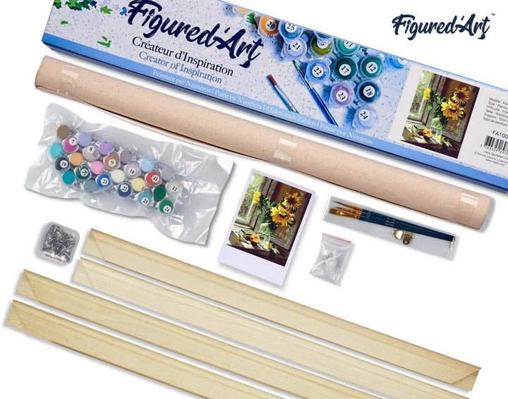 Figured'Art Malen Nach Zahlen Erwachsene Mit Rahmen Sonnenblumen und Apfel vor dem Fenster - Paint b