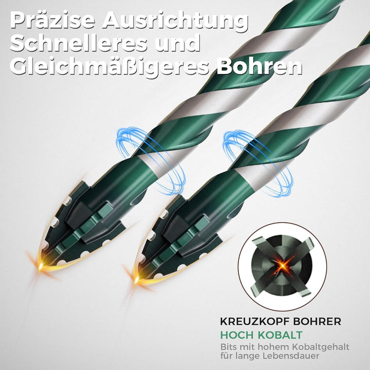 Glasbohrer Set 10 tlg, Vierschneidiger Sägezahn Exzenterbohrer mit Kobalt, Steinbohrer Set 3-12mm,6.