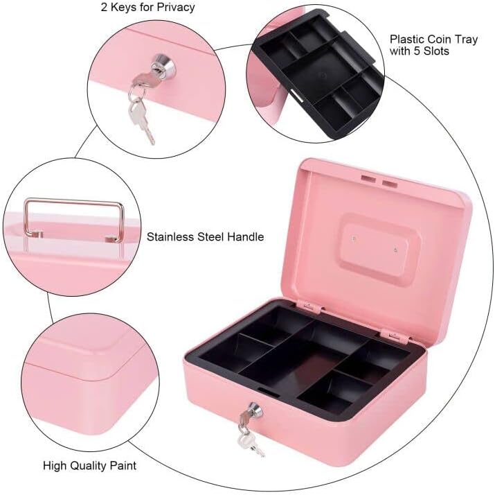 Rosa Geldkassette mit Geldablage und Schloss, Metall-Spardose für Bargeld, Schlosskasten für Geld, 2