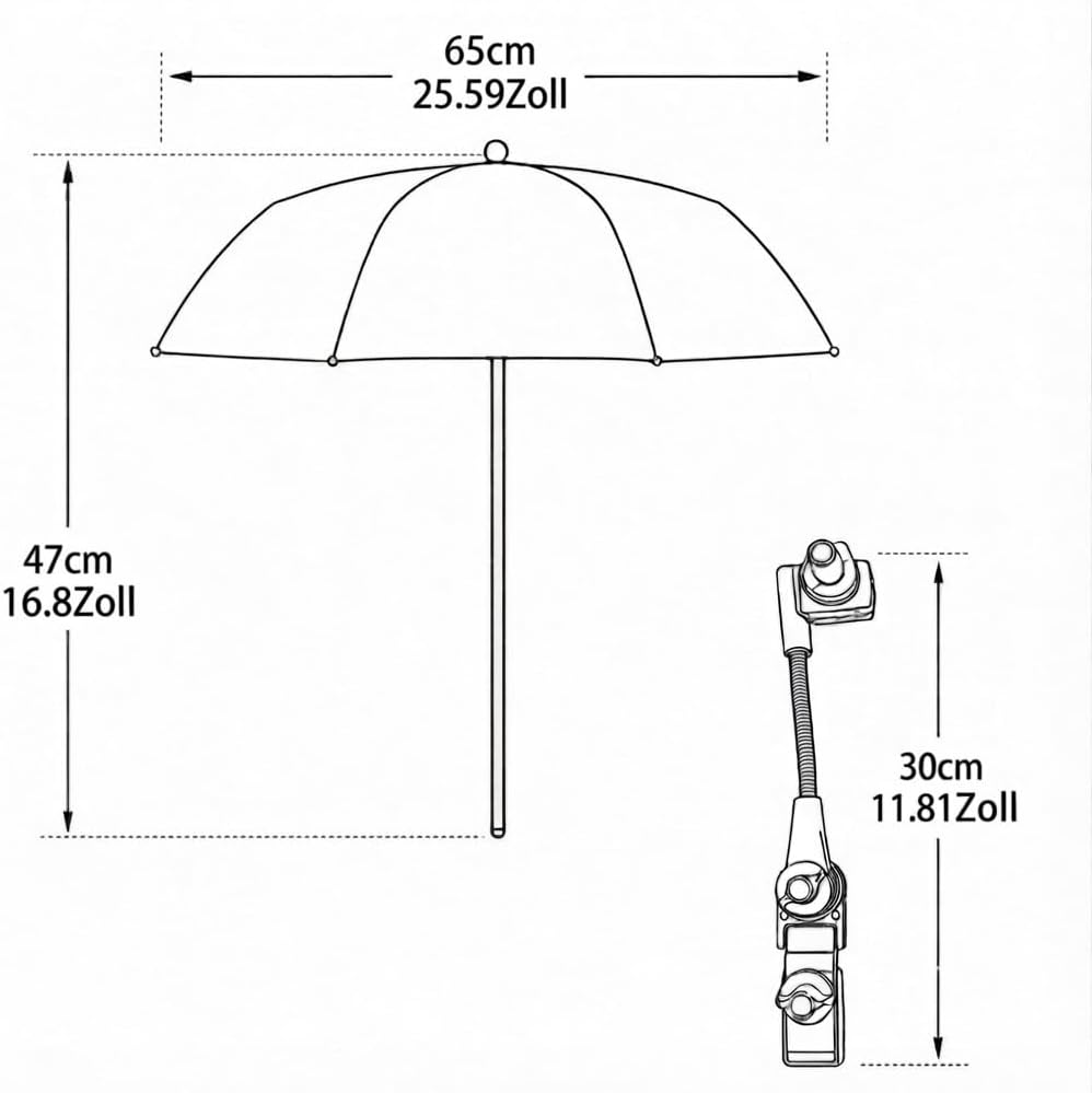Kamera-Schirm mit Klemme, Sonnenschirm Kinderwagen UV Schutz UPF50+, Silber 65 cm Silver, 65 cm Silv