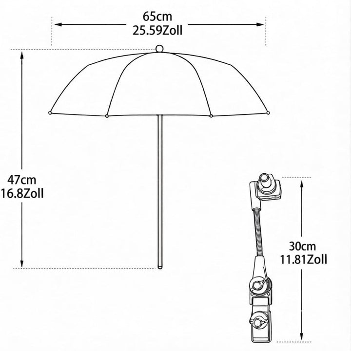 Kamera-Schirm mit Klemme, Sonnenschirm Kinderwagen UV Schutz UPF50+, Silber 65 cm Silver, 65 cm Silv