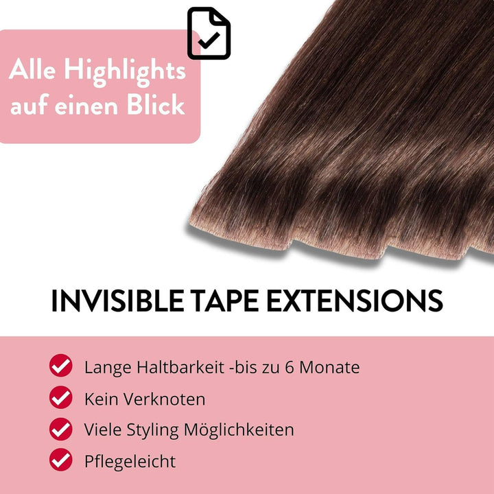 hair2heart Invisible Tape Extensions Echthaar Premium - 10 Tapes 60cm 4/77 mittelbraun braun-intensi