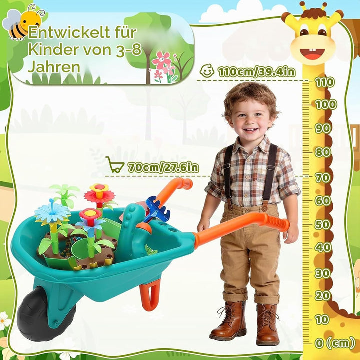 deAO Gartenset Kinder, Gartengeräte Spielzeug mit Schubkarre, Schaufel, Rechen, Blumentöpfe, Handsch