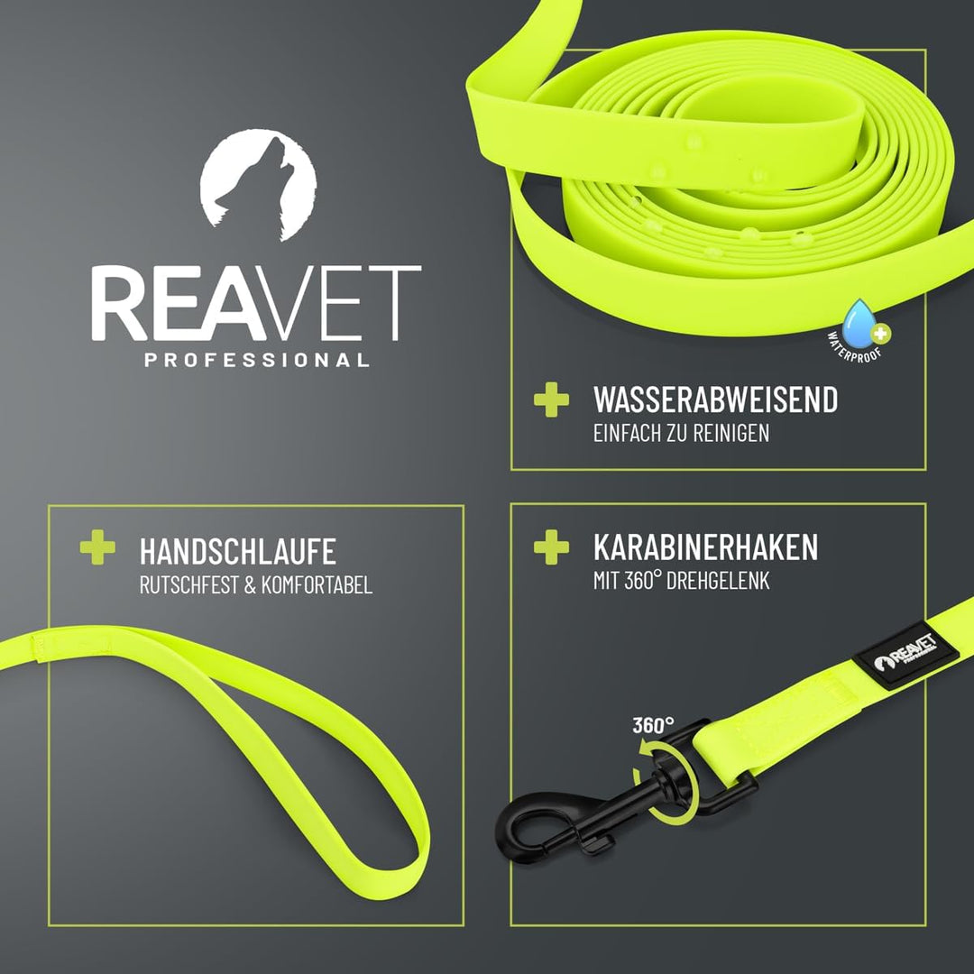ReaVET Schleppleine für Hunde 10 Meter, Neon Gelb I Robuste & wasserfeste Hundeleine lang I Übungsle