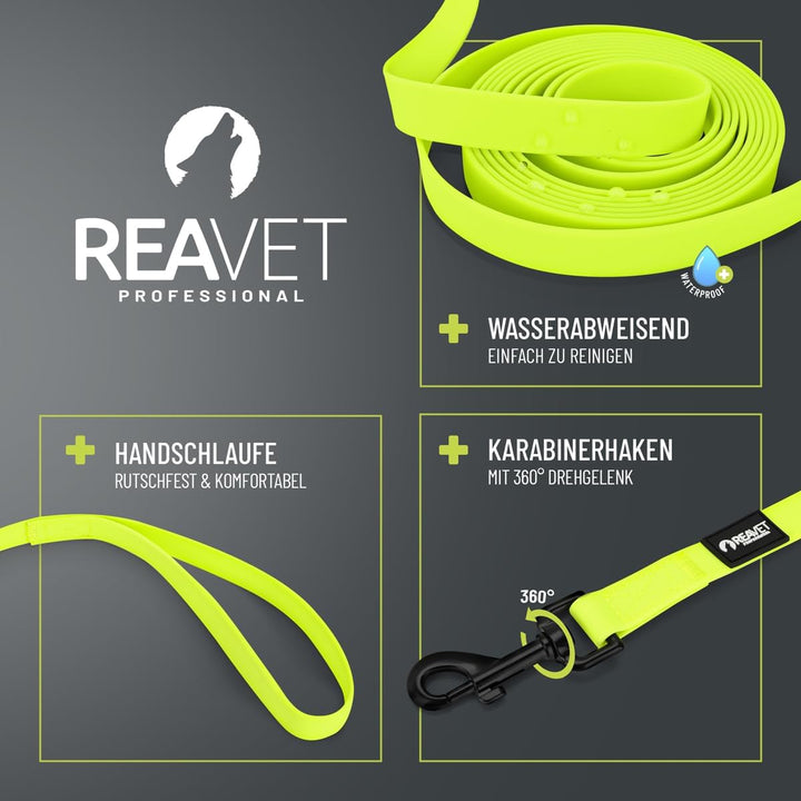 ReaVET Schleppleine für Hunde 10 Meter, Neon Gelb I Robuste & wasserfeste Hundeleine lang I Übungsle