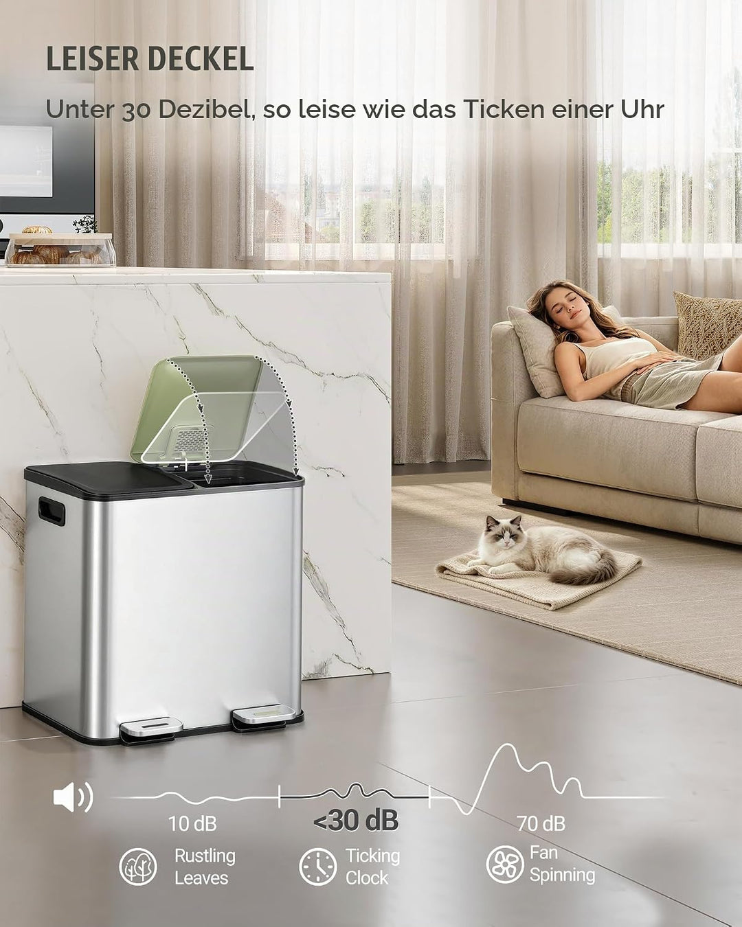 Hzuaneri Mülleimer Küche, 2 x 15 L, Mülltrennsystem 2 Fächer, Mülleimer mit Farbigem Soft-Close-Deck