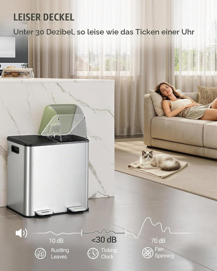 Hzuaneri Mülleimer Küche, 2 x 15 L, Mülltrennsystem 2 Fächer, Mülleimer mit Farbigem Soft-Close-Deck