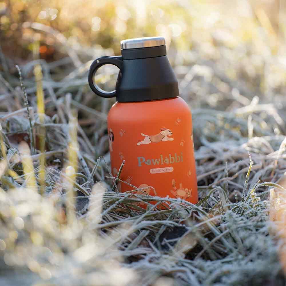 Pawbottle® Thermoflasche mit 2 Näpfen – Trinkflasche für Hunde &amp; Katzen (960 ml + 2×100 ml, Orange)