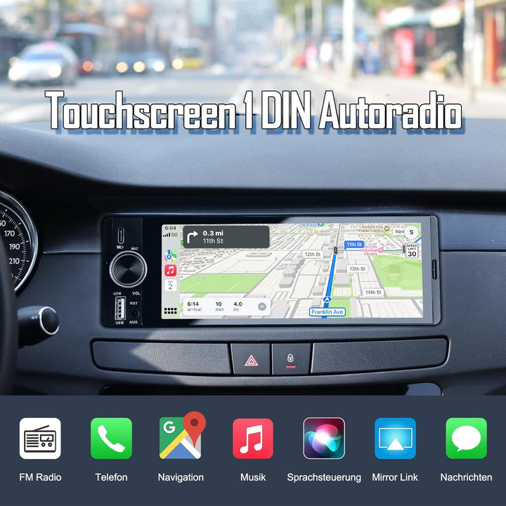1 DIN Autoradio mit Wireless CarPlay & Android Auto, 6,36 Zoll Auto Radio mit Bildschirm, GPS Naviga