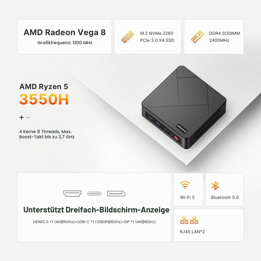 BOSGAME Mini PC, AMD Ryzen 7 5700U (up to 4.3GHz, 8C/16T), Mini Computers DDR4 32GB RAM 512GB NVMe S