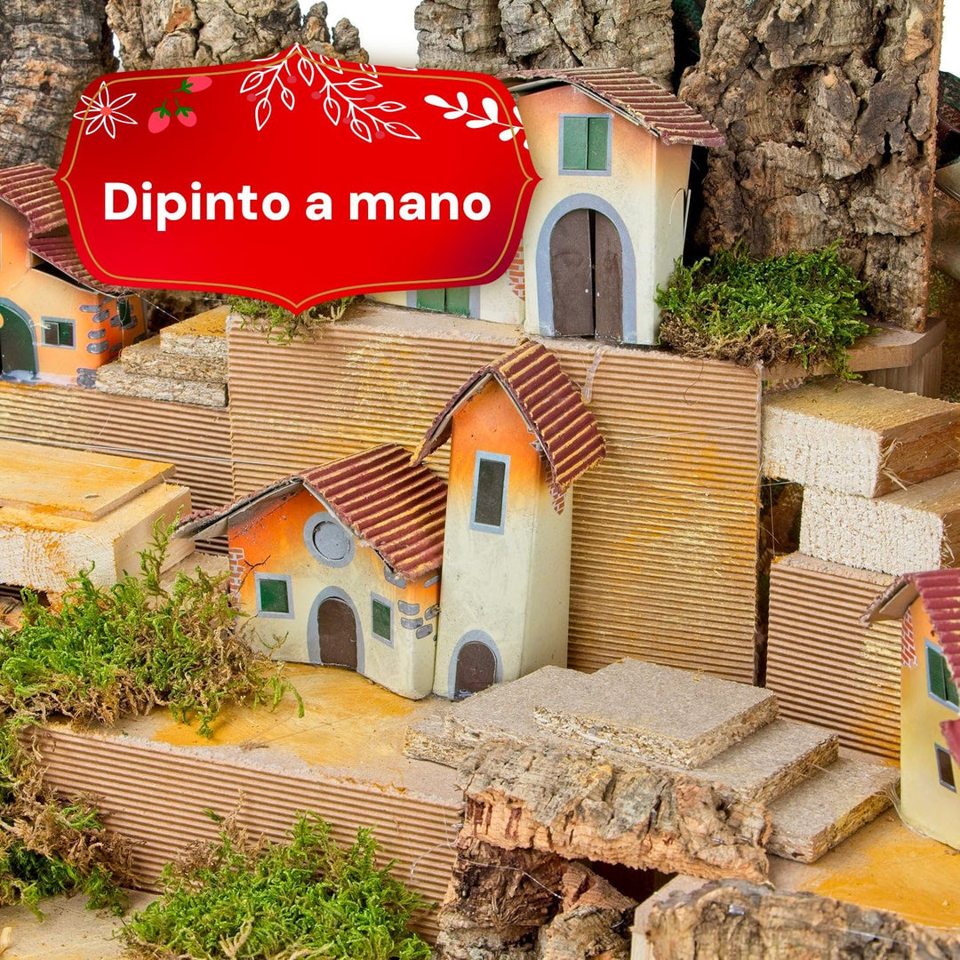 Avilia Napoletanische Krippe aus Kork, 80 x 50 x 45 cm, mit batteriebetriebenen Lichtern – handgefer