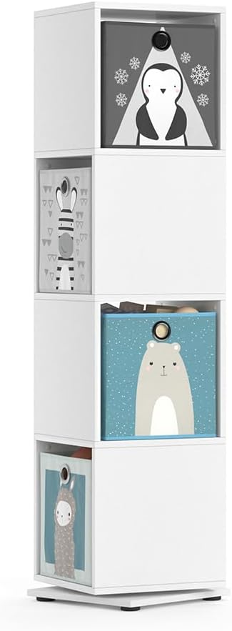 Vicco Kinderregal, Weiss, 35.2 x 141.5 cm mit 4 Faltboxen Weiss Drehregal + 4 Faltboxen, Weiss Drehr