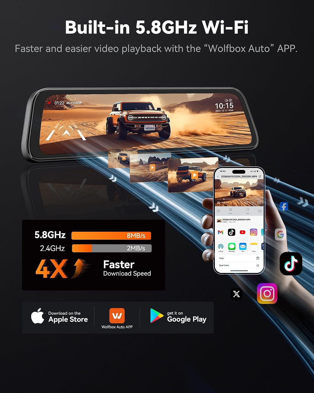 WOLFBOX 12" G840S 1296P Spiegel Dashcam mit Rückfahrkamera, Auto Kamera mit IPS-Touchscreen Dual Das