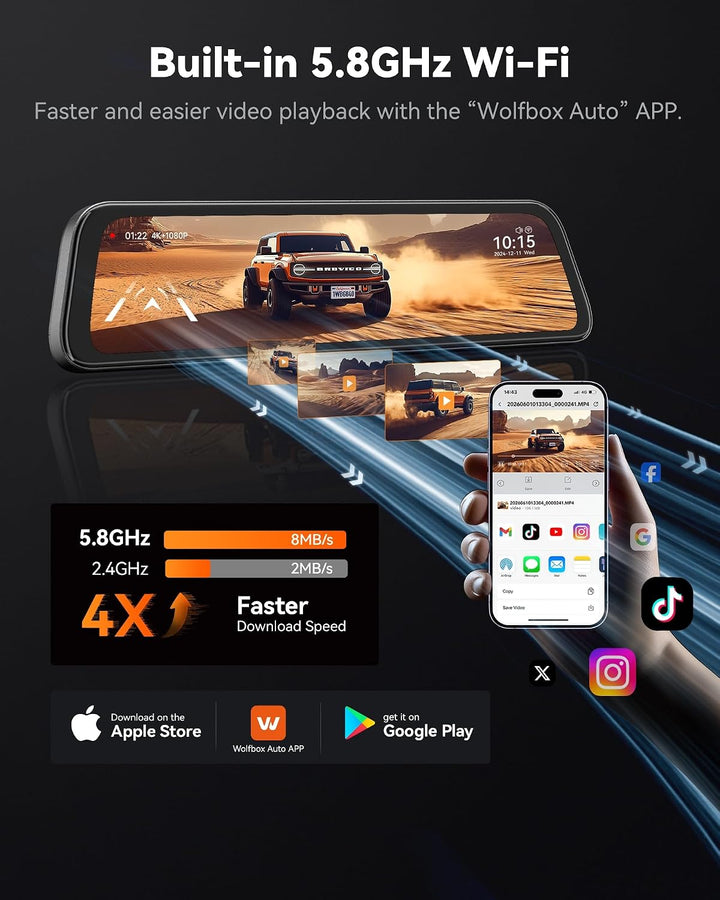 WOLFBOX 12" G840S 1296P Spiegel Dashcam mit Rückfahrkamera, Auto Kamera mit IPS-Touchscreen Dual Das