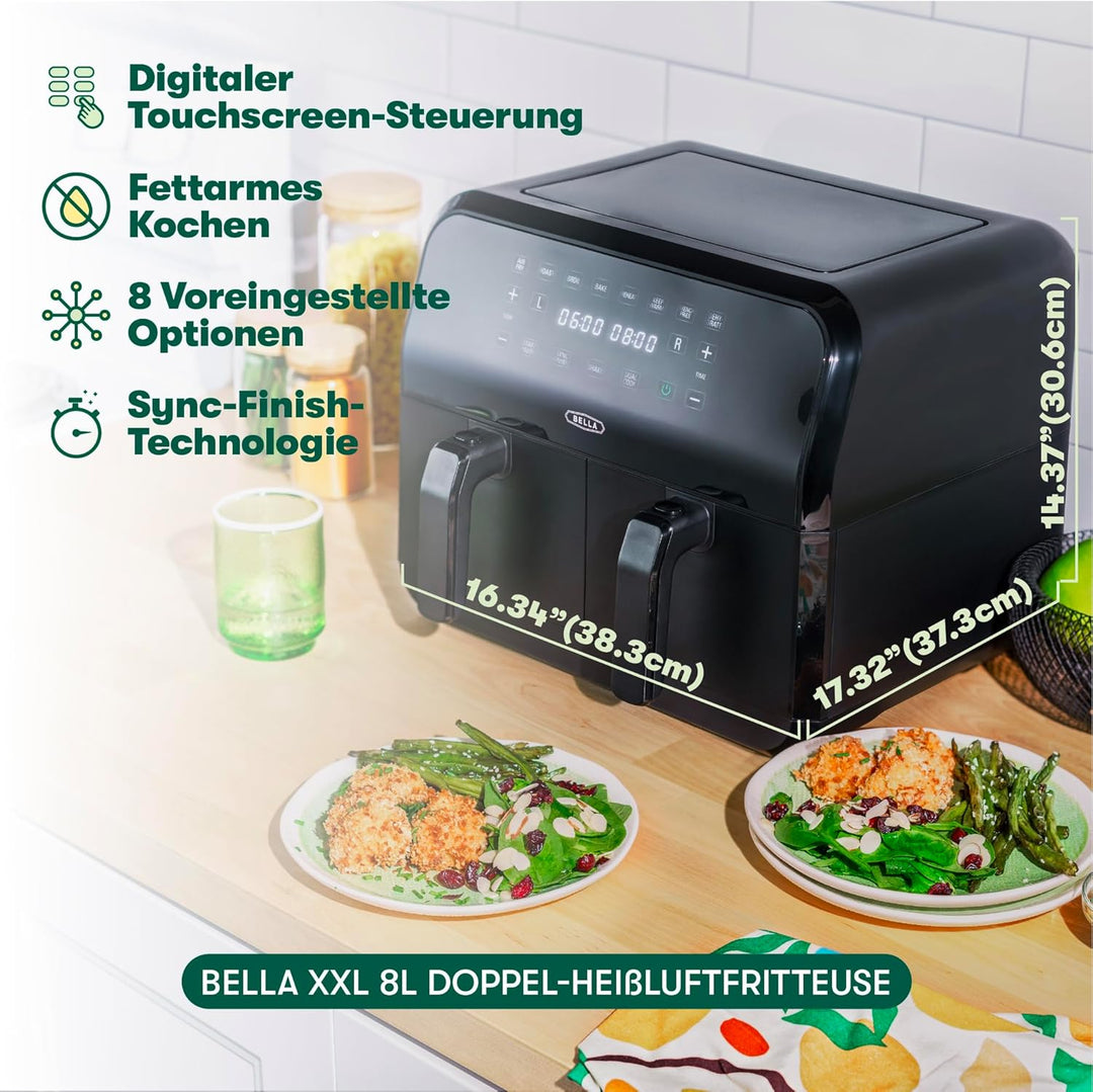 bella 8L Dual Basket Heissluftfritteuse mit Touchscreen, 8 Kochfunktionen, einstellbarer Temperatur,