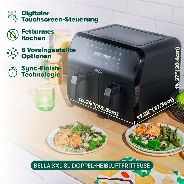bella 8L Dual Basket Heissluftfritteuse mit Touchscreen, 8 Kochfunktionen, einstellbarer Temperatur,