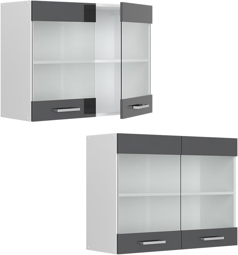 Vicco Küchenschrank Glas R-Line, Anthrazit Hochglanz/Weiss, 80 cm Anthrazit Hochglanz Hängeglasschra