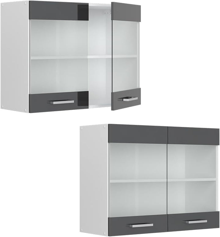 Vicco Küchenschrank Glas R-Line, Anthrazit Hochglanz/Weiss, 80 cm Anthrazit Hochglanz Hängeglasschra