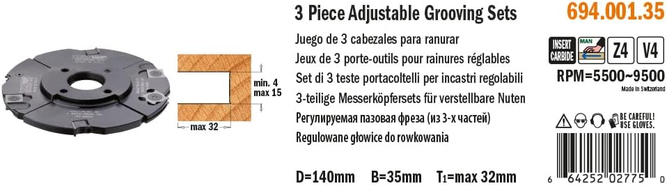 CMT 694.001.35 - Juego de 3 cabezales para ranurar d=140x4-15x35