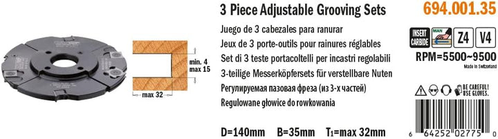 CMT 694.001.35 - Juego de 3 cabezales para ranurar d=140x4-15x35