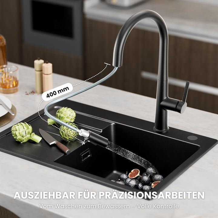 CECIPA Wasserhahn Küche Schwarz, Hoher Bogen Hochdruck Küchenarmatur mit Brause Ausziehbar Armatur,