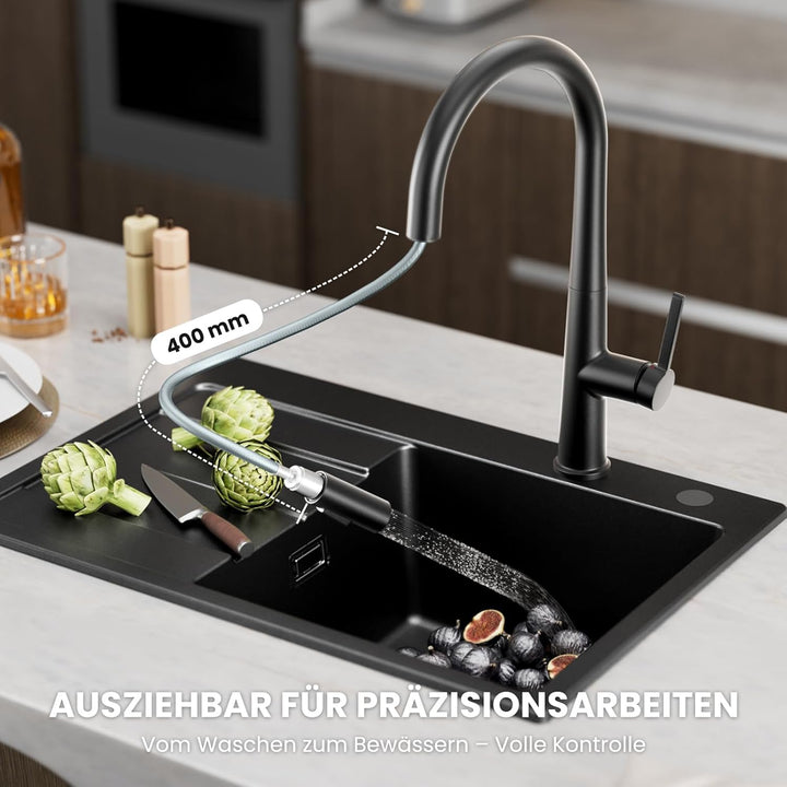 CECIPA Wasserhahn Küche Schwarz, Hochdruck Küchenarmatur Ausziehbar bis 40CM, 360°Schwenkbar Armatur